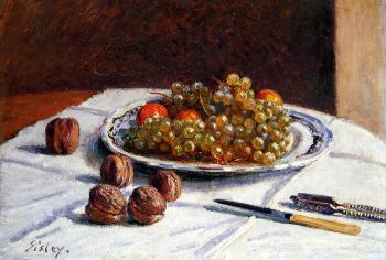 阿爾弗萊德 西斯萊 Grapes And Walnuts On A Table